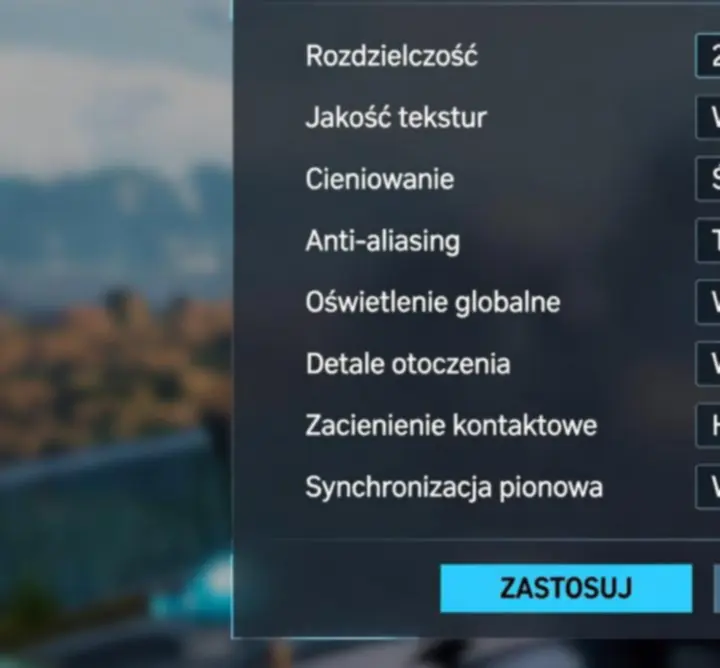 Ekran ustawień graficznych gry z zaznaczonymi kluczowymi parametrami